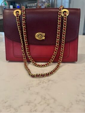 Coach Two-Tone Red and Burgundy Leather Shoulder Bag with Gold Chain
